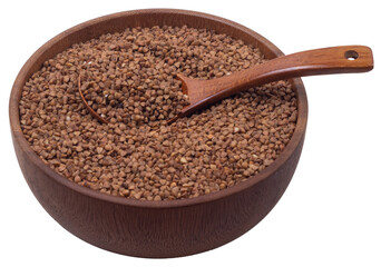 Isolated wooden bowl with buckwheat groats on a white background, side view	