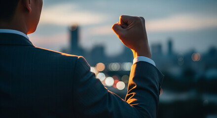 Businessman raising fist toward city skyline at sunset for career achievement and success