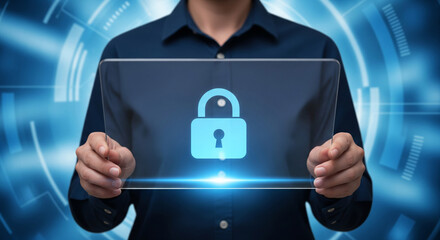 Cybersecurity specialist holding digital lock icon for data protection and privacy