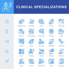 A Clinical Specializations icon set featuring key medical fields such as cardiology, surgery, pathology, pulmonology, endocrinology, physical therapy, toxicology, microbiology, and nutrition.