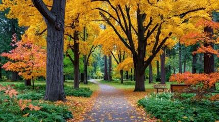 A scenic autumn park path draws the eye through vibrant foliage, creating a serene landscape that emphasizes the season's colorful beauty and inviting nature