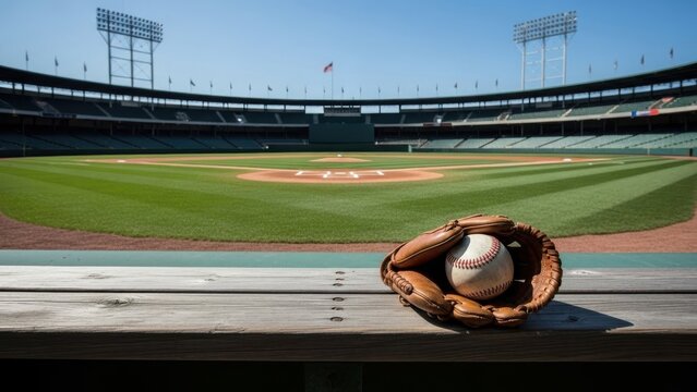 A classic baseball glove and ball resting on a wooden bench overlooking an empty stadium