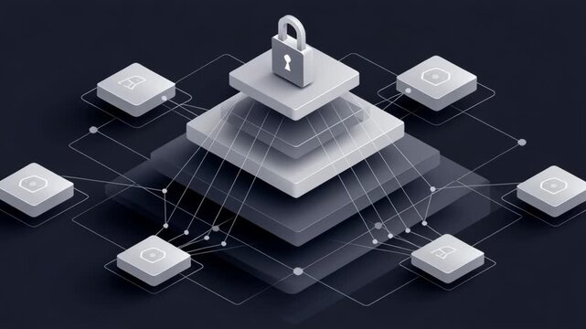 A series of squares stacked on top of each other with a lock in the middle. Ethical data protection architecture, minimal layered design symbolizing consent and protection, corporate clarity concept