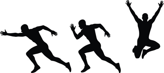 Running athlete silhouette sequence featuring sprint, motion, jump, fitness training, sports action concept, black and white illustration, vector dynamic performance