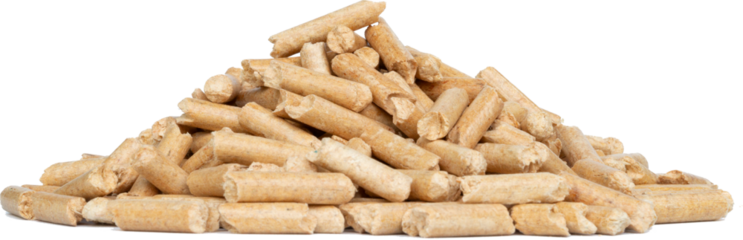 Pile of Light Wood Pellets: Renewable and Sustainable Biomass Fuel for Heating Systems Isolated on White Background