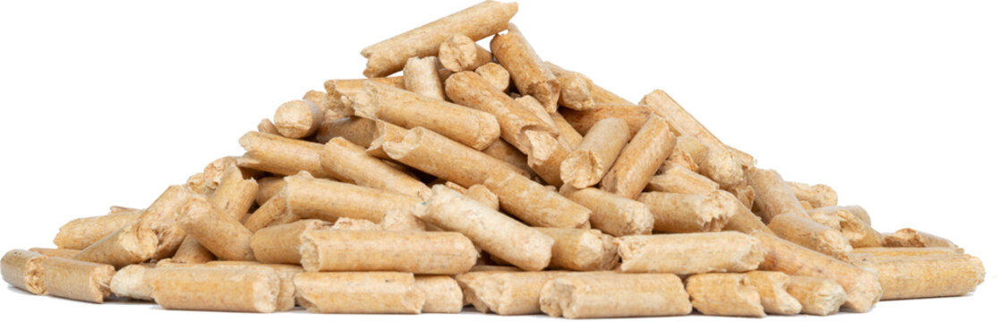 Pile of Light Wood Pellets: Renewable and Sustainable Biomass Fuel for Heating Systems Isolated on White Background