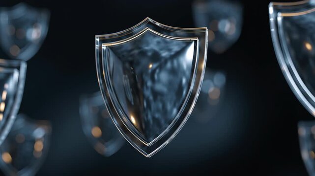 A series of clear shields are floating in the air. Ethical data protection concept, transparent digital shields protecting data symbols, clean trustworthy editorial style