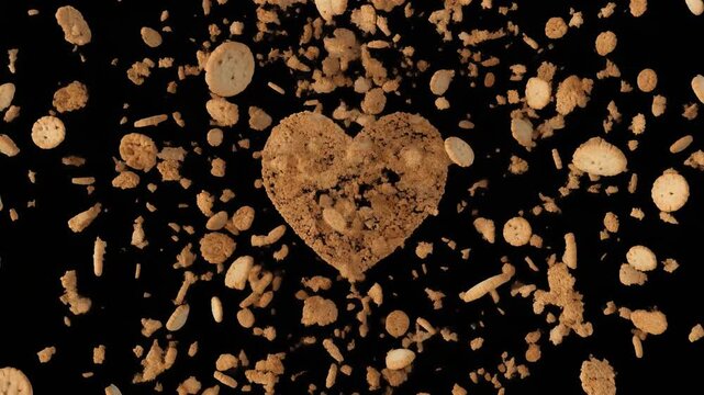 Heart-shaped cookie surrounded by crumbs and fragments on a dark background
