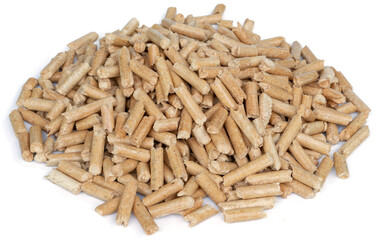 Pile of Light Wood Pellets: Renewable and Sustainable Biomass Fuel for Heating Systems Isolated on...