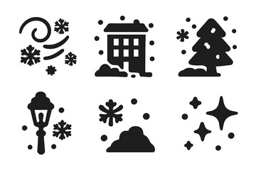 Fototapeta premium Busy Snowstorm Icons. Busy snowstorm icons. Filled icon set of busy snowstorm icons: snow swirl, building