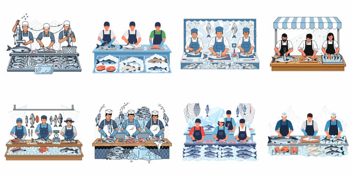 Collection of Illustrations Featuring Fishmongers and Chefs Preparing Fresh Seafood, Filleting Fish on Cutting Boards at Market Stalls or Counters.