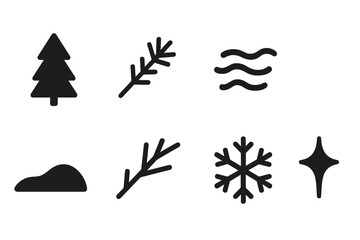 Fototapeta premium Chilly Forest Icon Set. Chilly forest mist. Filled icon set of chilly forest mist: pine tree, frost sprig, fog
