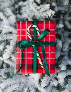 Close up of wrapped Christmas gift with candy cane on snowy branches.