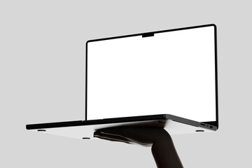 hand holding gesture show modern laptop device screen mockup in elegant backlit lighting 3d render isolated bottom view