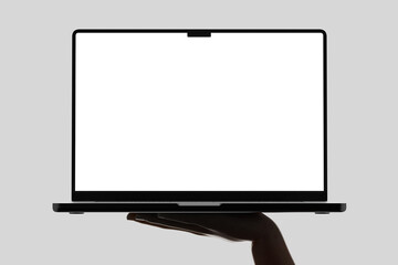 hand holding gesture show modern laptop device screen display mockup in elegant backlit lighting 3d render isolated front view