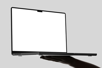 hand holding gesture show modern laptop device screen mockup in elegant backlit lighting 3d render isolated