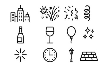 Fototapeta premium Urban New Year Icons. Urban NYE aesthetic. Line outline icon set of Urban NYE aesthetic: skyline, fireworks,