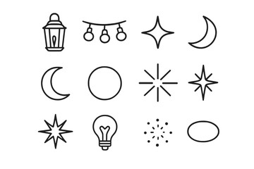 Fototapeta premium Nighttime Glow Icons. Dark night illumination. Line outline icon set of Dark night illumination: lantern,