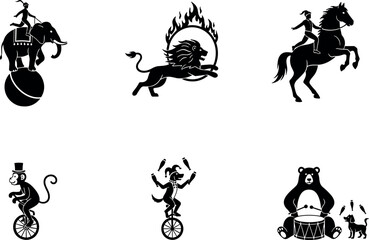 Circus act silhouette icons – elephant, lion, clown, monkey, bear, horse by flavector © Emon