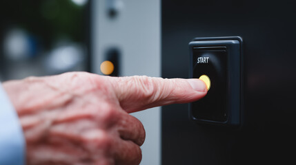 Naklejka premium Finger pressing a start button on a control panel