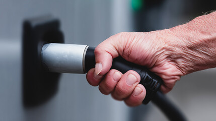 A person’s hand connecting an electric car charging cord to an electric vehicle, emphasizing the growth of environmentally friendly transport.