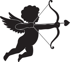 Fototapeta premium Silhouette of cupid aiming his bow and arrow with wings outstretched