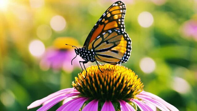 A glorious Monarch butterfly pauses on a radiant summer flower, kissed by golden light.