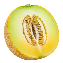 Halved ripe cantaloupe melon with seeds isolated on a transparent background