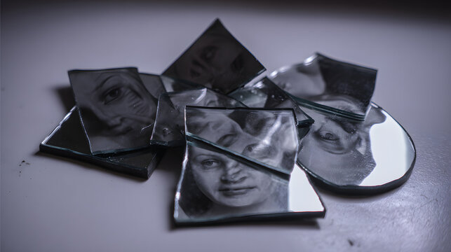 incivility. Broken mirror fragments reflecting multiple faces, symbolic of fractured trust and impossible reassembly. wellbeing guides.