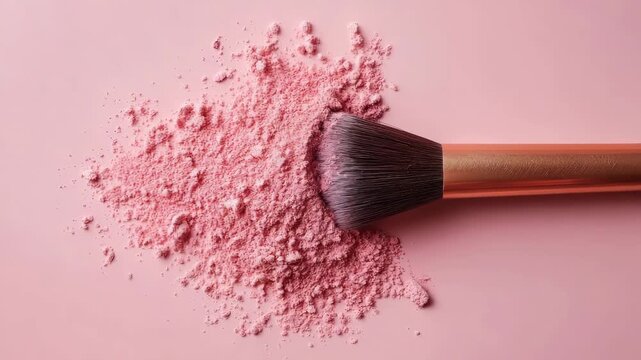 Makeup brush resting on a pile of spilled pink blush or cosmetic powder