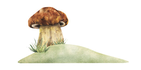 Mushroom on grassy mound watercolor illustration