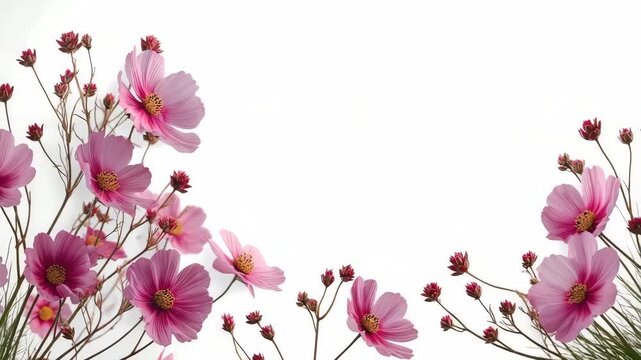 Vibrant frame of pink cosmos flowers and buds on a clean white background
