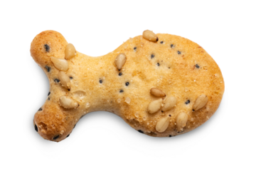 Fish Shaped Cheese and Seeds Crackers isolated on a transparent Background