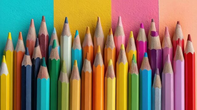 A tight row of vibrant, sharpened color pencils, background for art and education.