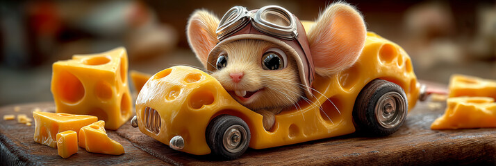 A Humorous, Hyper-Realistic Scene of a Smiling Mouse Driving a Small Car Made of Swiss Emmental Cheese on a Rustic Wooden Cutting Board, Wearing a Pilot Helmet and Vintage Goggles. Generative Ai.