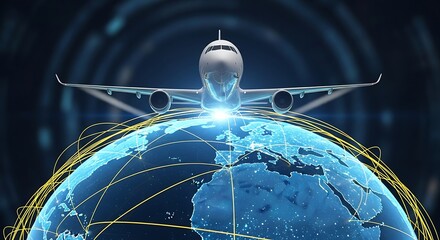 Airplane flying over globe