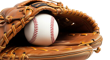 Classic leather baseball glove cradling a white ball isolated on a transparent background