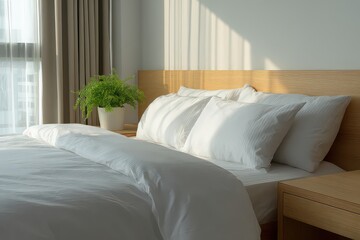 Sunlit Bedroom Interior Featuring White Bedding and Wooden Headboard with Potted Plant Enhancing a Serene Natural Light Filled Ambience