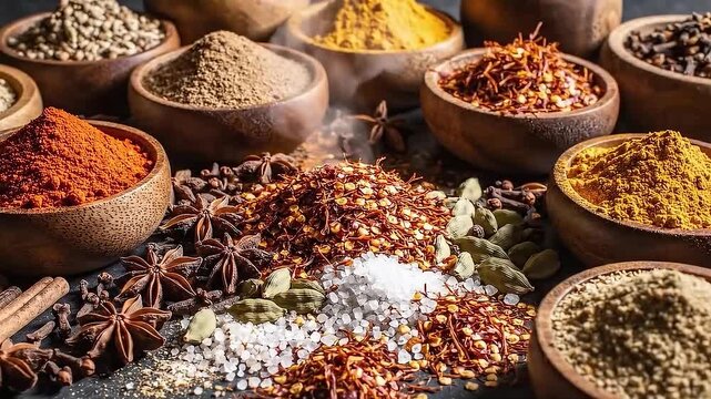 Top Down Shot of Colorful Global Spices in Wooden Bowls.