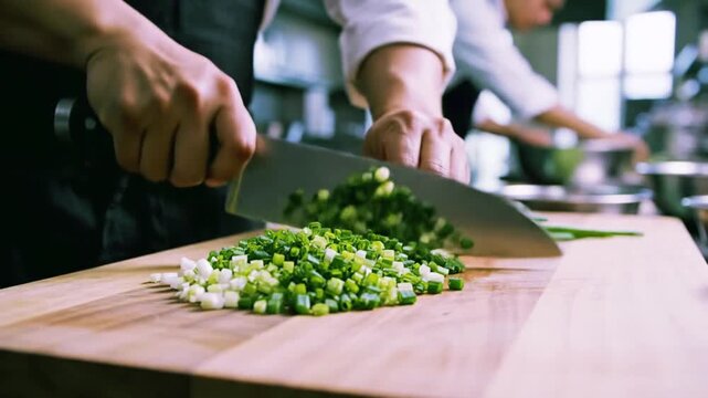 The sharp blade of a master chef transforms fresh scallions into perfect culinary garnish.