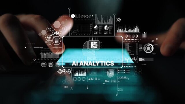 Futuristic Interface Displaying AI Analytics and Data Visualization Concepts for Business Intelligence and Decision Making. Asymptotic smart data analytic.