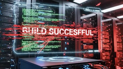 A futuristic digital artwork depicting a computer screen with green code and a red brick wall with green laser lines