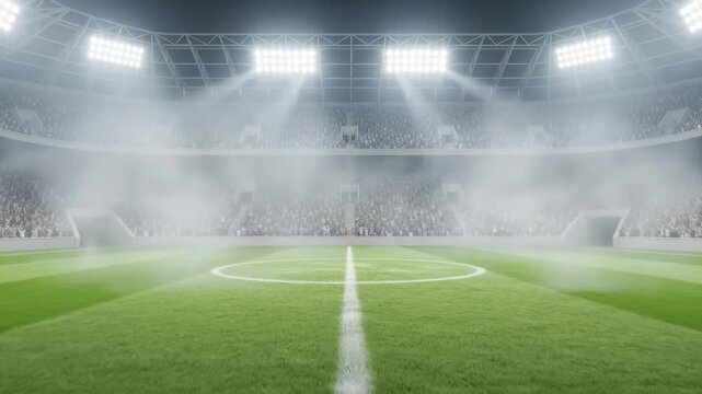 Empty stadium with green field and bright lights