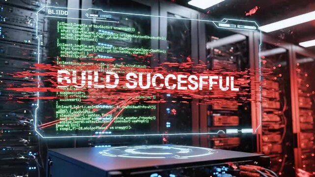 A futuristic digital artwork depicting a computer screen with green code and a red brick wall with green laser lines