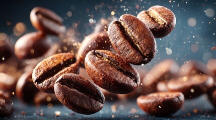 Floating coffee beans create an elegant display of movement and flavor in a dark setting