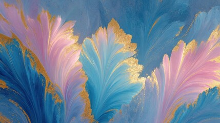 Colorful abstract artwork featuring blue, pink, and gold patterns in swirling designs, ideal for home decoration