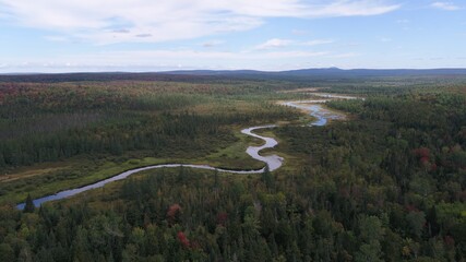Aerial View of a Winding River Through a Forest in Fall in Quebec, Canada