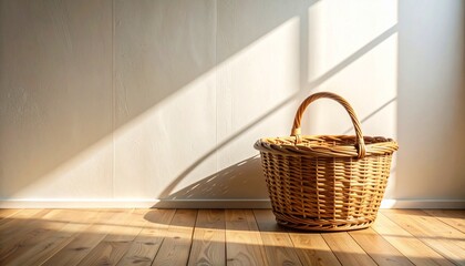 Empty wicker basket with handle casting shadow on wooden floor and wall in sunlit minimalist setting.