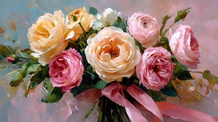 Beautiful bouquet of pink and yellow roses with soft green leaves arranged elegantly