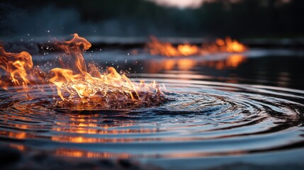 Water ripples and fire reflections create a stunning scene at sunset near the lake during a calm evening